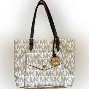 Michael Kors Jet Set Top Zip Tote; Blue MK pattern; gold hardware, **Like-New**